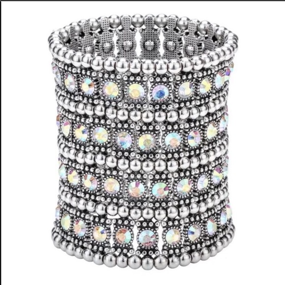 Boutique Jewelry - Silver A/B Crystal 4 Row Stretch Cuff Bracelet